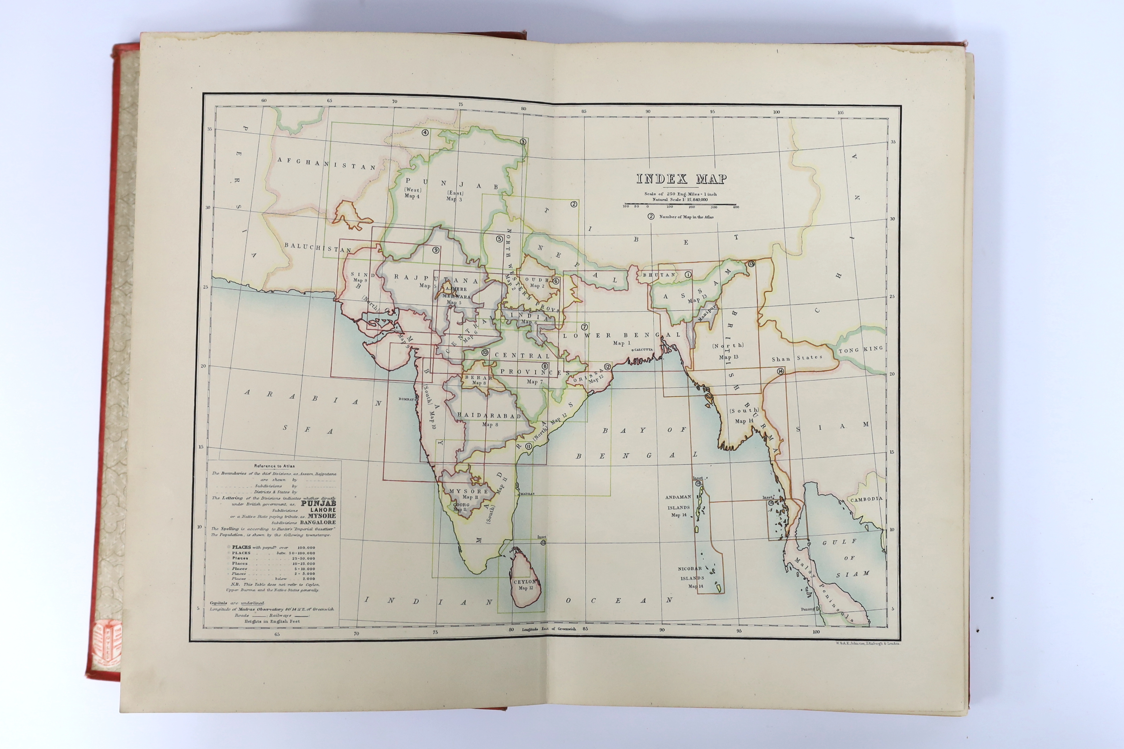 Atlas of India ... With an Introduction by Sir W.W. Hunter. d-page coloured index map and 15 d-page coloured others; publisher's gilt, colour and blind decorated cloth, patterned e/ps., 4to. W & A.K. Johnstone, 1894